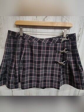 VTG Rave Stretch Plaid Buckle Mini Skirt Pleated Jr Women's Size 15 XL Goth